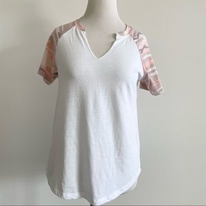 NWT White V Neck Shirt with Pink Army Print Short Sleeves